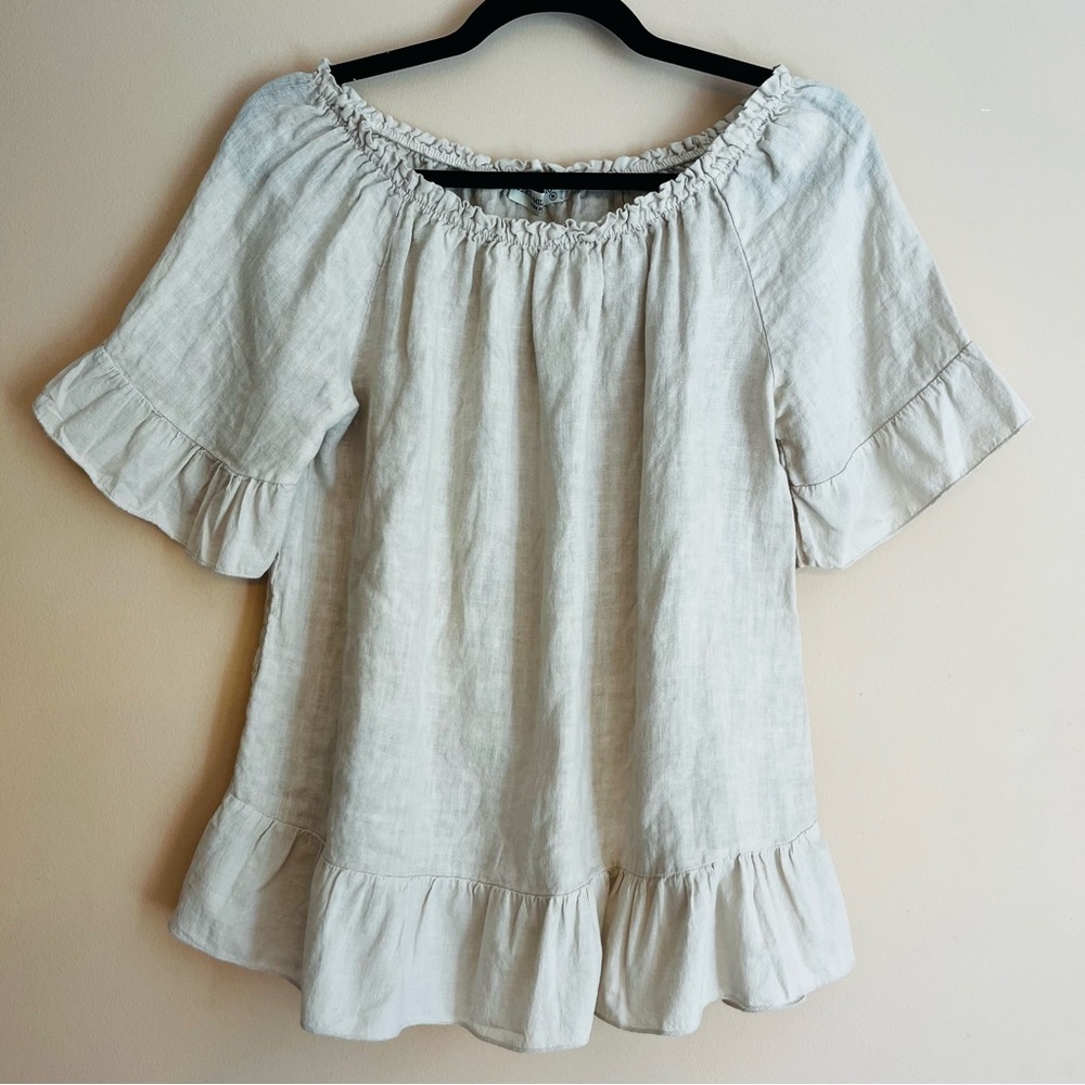 Terzo Millenio Linen Blouse, Cream, Beige, M, Made in Italy, Off-Shoulder Blouse